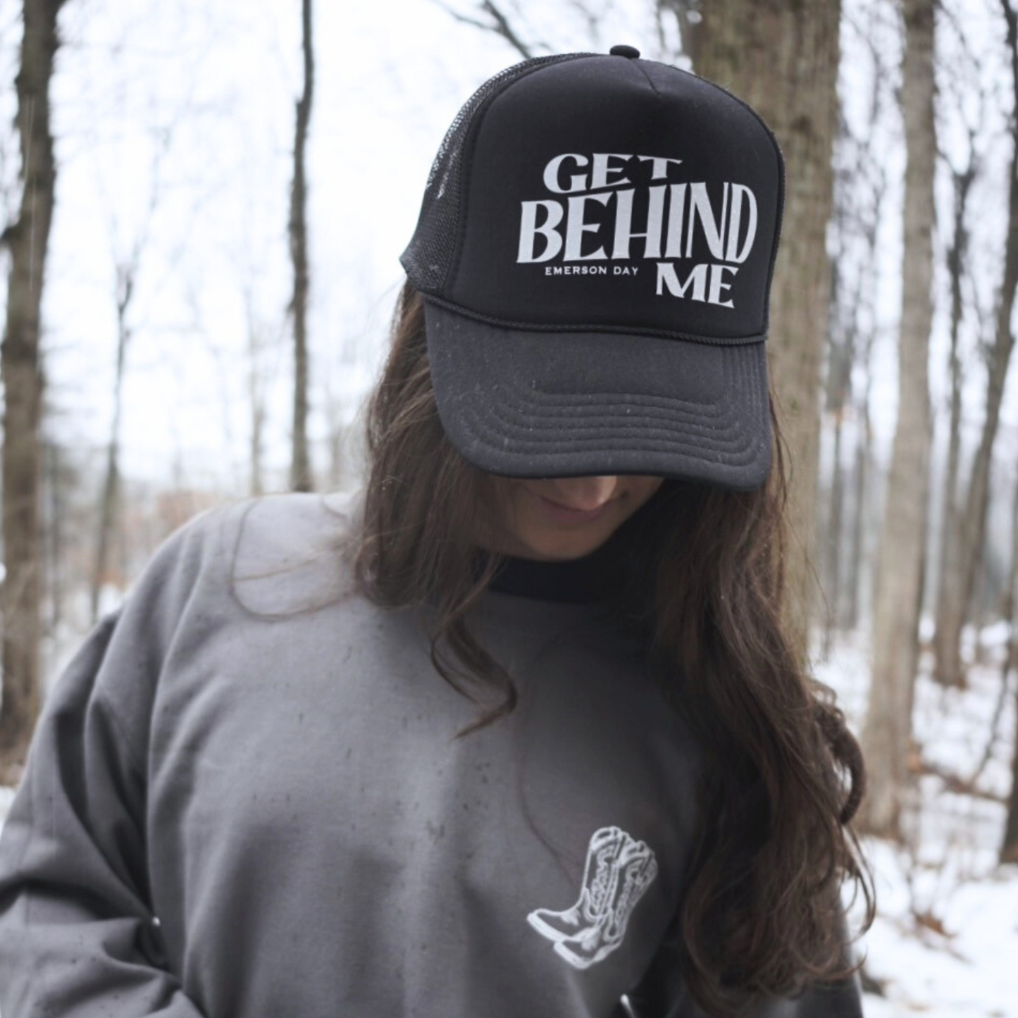 Get Behind Me Black Trucker Hat